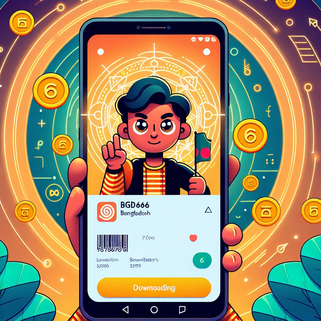 Cartoon character holding an Android phone with BGD666 app interface and download icon