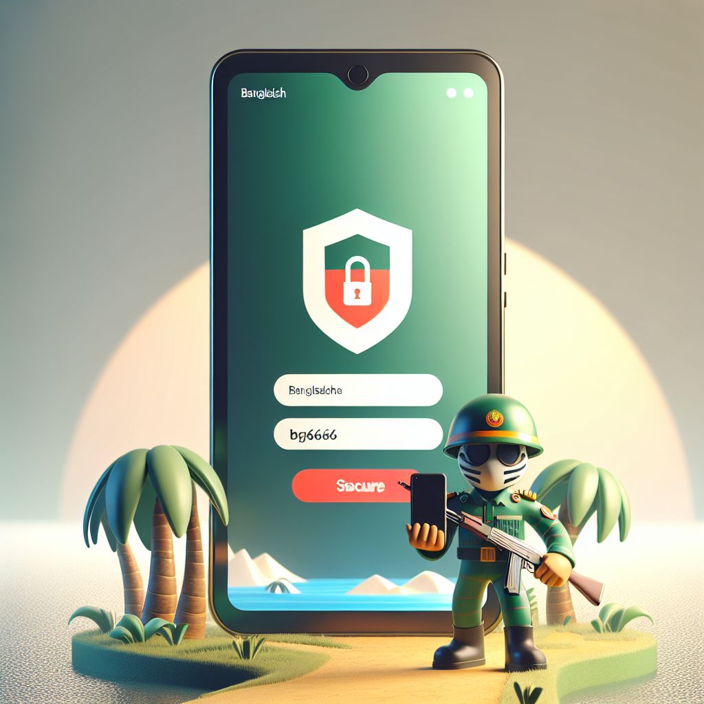 Cartoon character holding a phone with a secure login screen and BGD666 themed elements